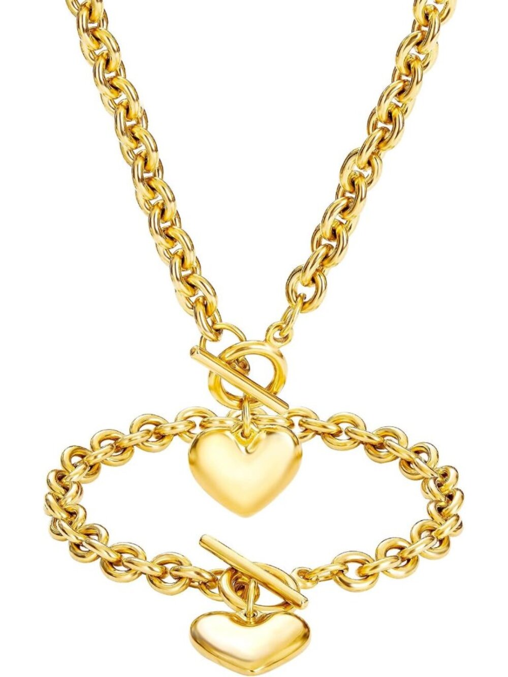 Heart Chain Necklace & Bracelet Set for Women | 18K Gold/Rose Gold Charm Jewelry